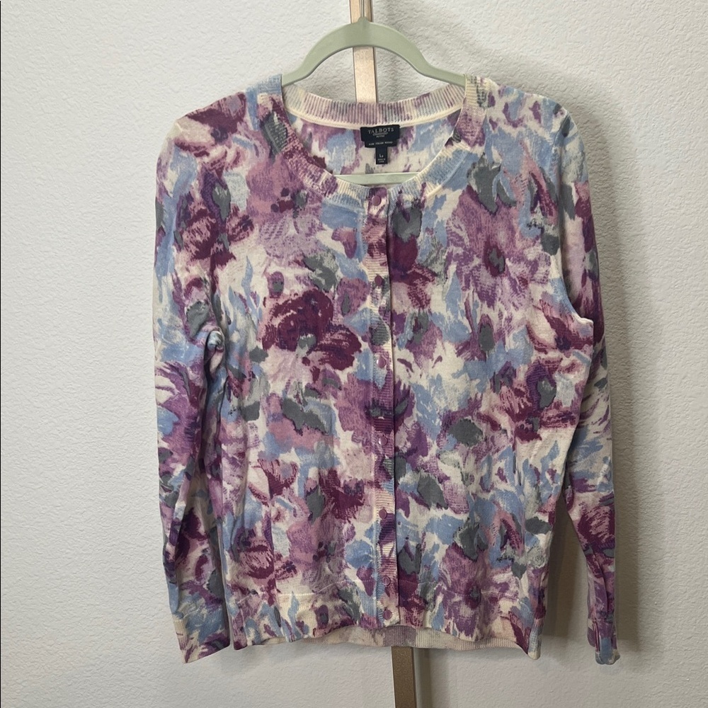 Talbots cardigan sweater merino wool purple cream LP